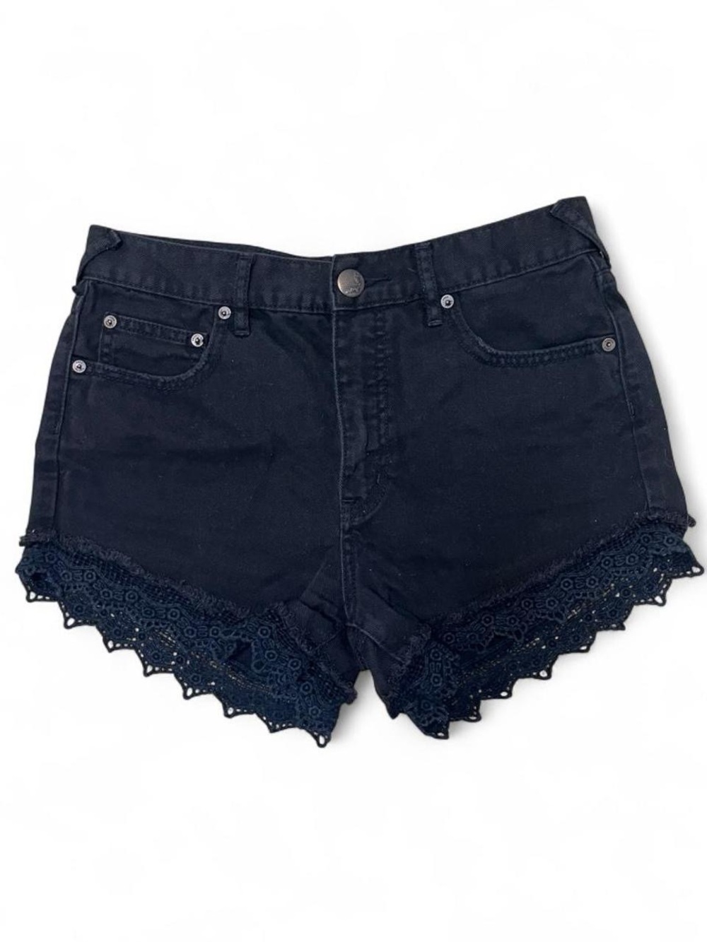 Free People Black Denim Shorts with Lace Trim